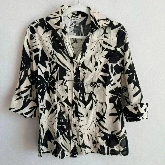 Harve Benard Woman's Black Beige Floral Linen Blend Button Up Blouse Size L - Picture 8 of 11